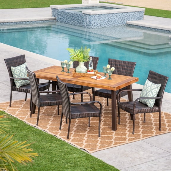 Arabella Outdoor 7 Piece Acacia Wood Wicker Dining Set, Multibrown, Teak, Rustic Metal
