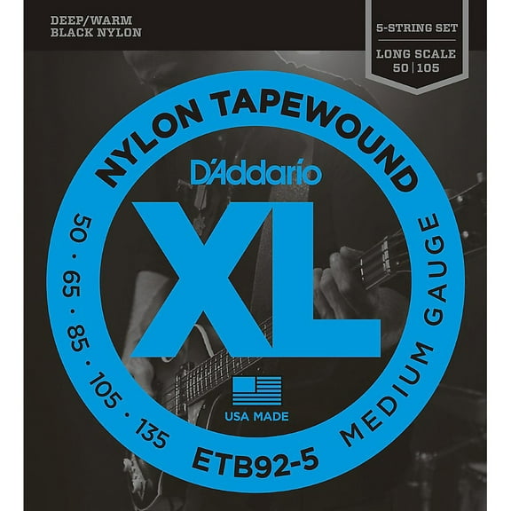 D'Addario ETB92-5 5-String Tapewound Bass Guitar Strings, Medium, 50-135, Long Scale