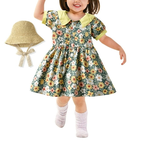 

TUOBARR Summer Savings Clearance 2023! Baby Girls Dresses Toddler Baby Girls Summer Retro Print Puff Sleeve Dress Doll Collar Princess Sundress Yellow 110