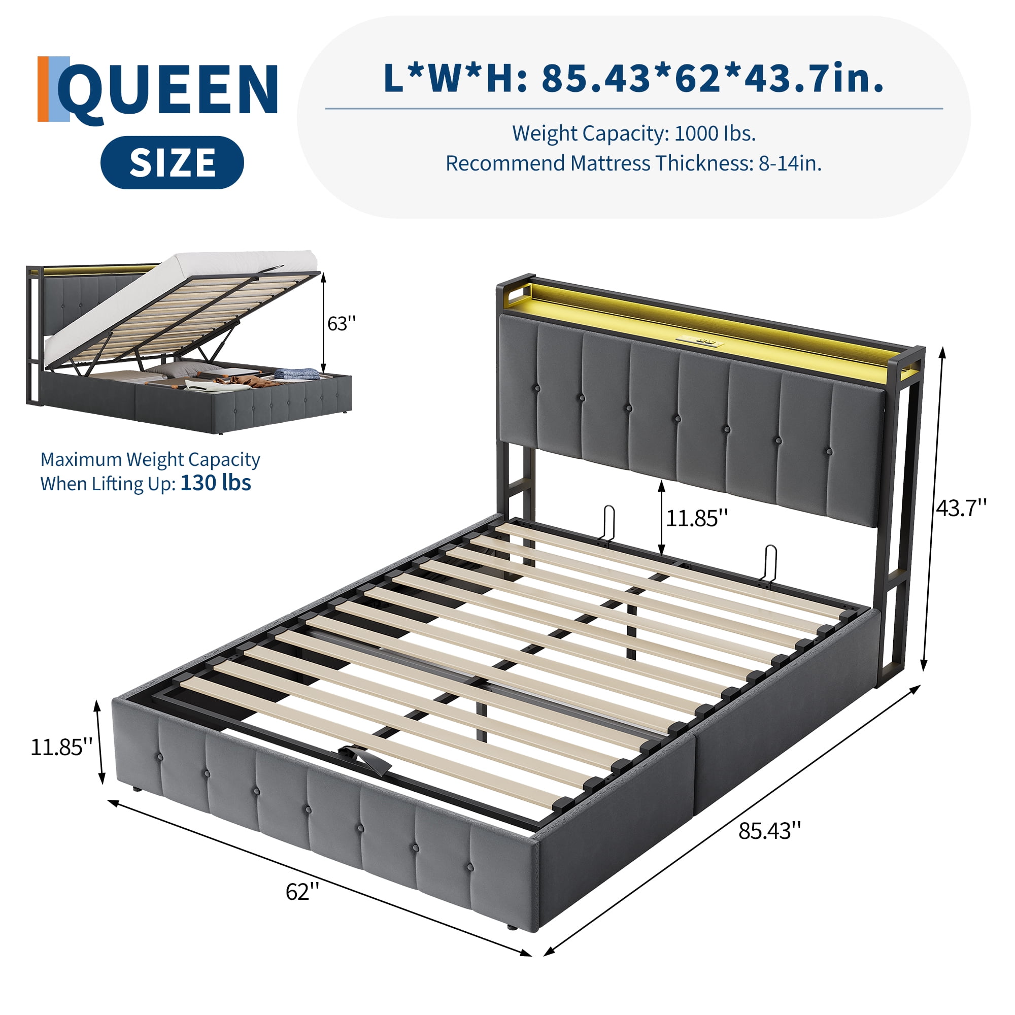 Queen Size Lift Up Storage Bed Frame,Upholstered Platform Bed with Storage Headboard,Hydrualic Underneath Storage,Charging StationNo Box Spring Needed,Easy Assembly