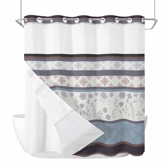 No Hook Shower Curtains with Snap-in Liner Set, Blue Brown Stripes Waterproof Hotel Style Bathroom Shower Curtain, Abstract Geometric Spring Flowers Country Mesh Top Bath Curtains 72''x72''