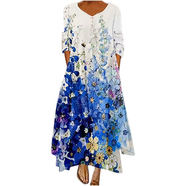 Vestido Irregular Vestido Floral Impreso Suelto Mujeres Informales Casco Manija Larga Vestidos de Larga Impresa en V de Cuello en V Odeerbi ODB113701