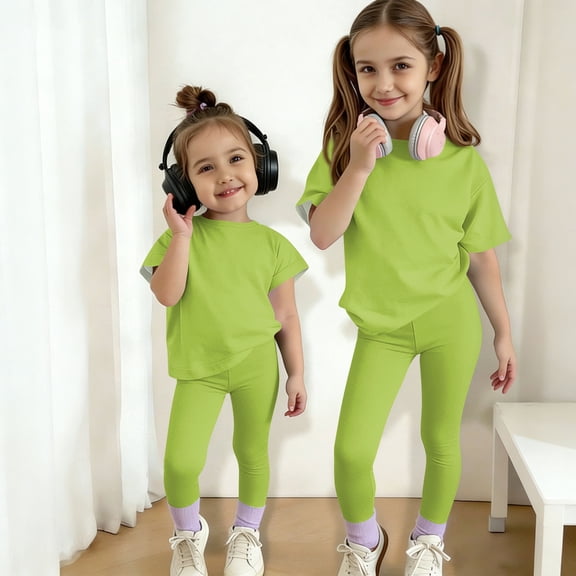 CCRFTGI Summer Outfits for Children Girls Size 10-12 Casual Lounge 2 Piece Outfits Solid Short Sleeve T Shirt and Elastic Waist Leggings Athletic Clothing Sets Green 2-3 Years