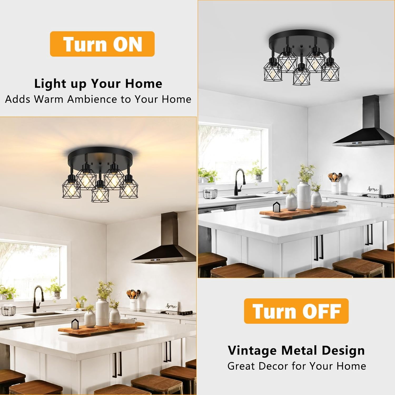 5-Light Adjustable Kitchen Light Fixtures Multi-Directional Black Ceiling Light Fixtures Semi Flush Mount Ceiling Light Vintage Metal Cage Spotlight Fixture for Hallway Dining Room Entryway