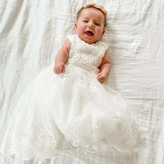 Baby Girls Sleeveless Baptism Dress Christening Gown with Bonnet