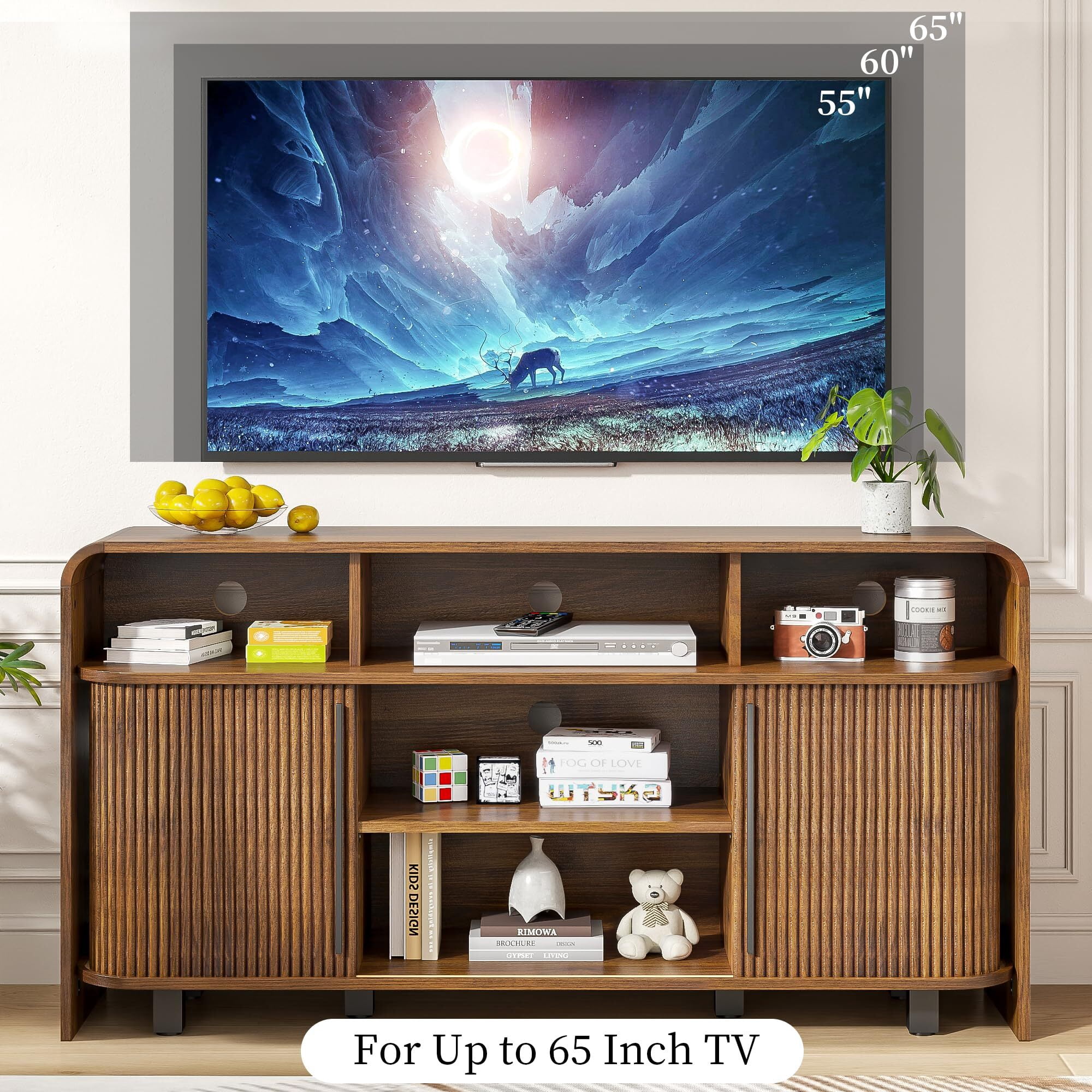 Fluted TV Stand for 55-65" TV, Small Mid Century Modern Media Console, Walnut Entertainment Center with Sliding Doors