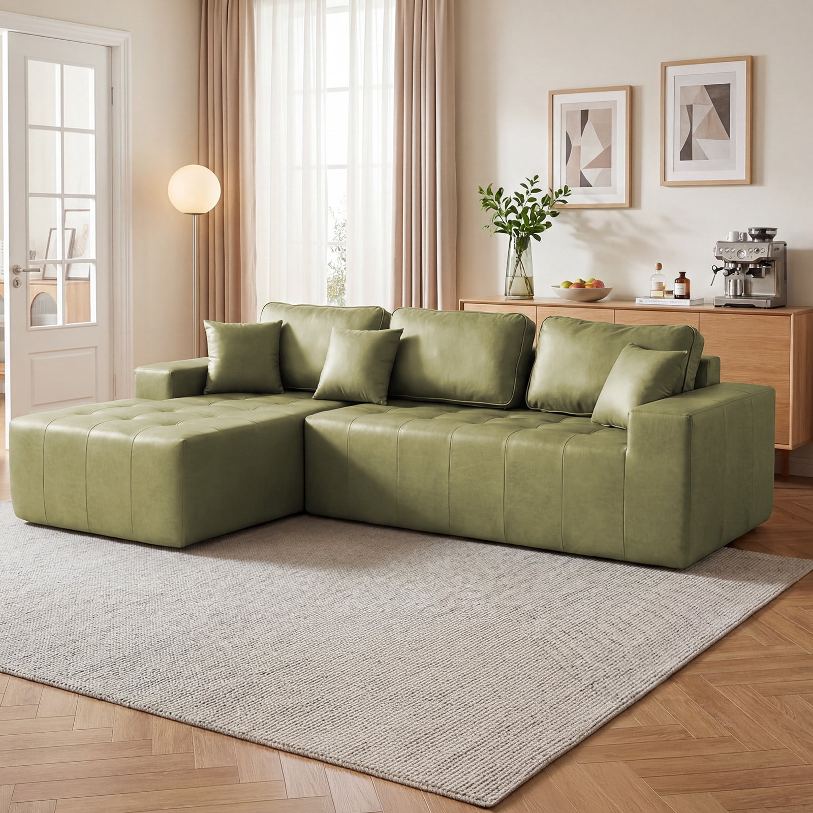 Howcool Boneless Cloud Sectional Sofa with Chaise,Faux Leather L-Shaped Couch,Deep Seat Modular Sofa with Wide Armrests,No Assembly Required,Left-Facing,Green