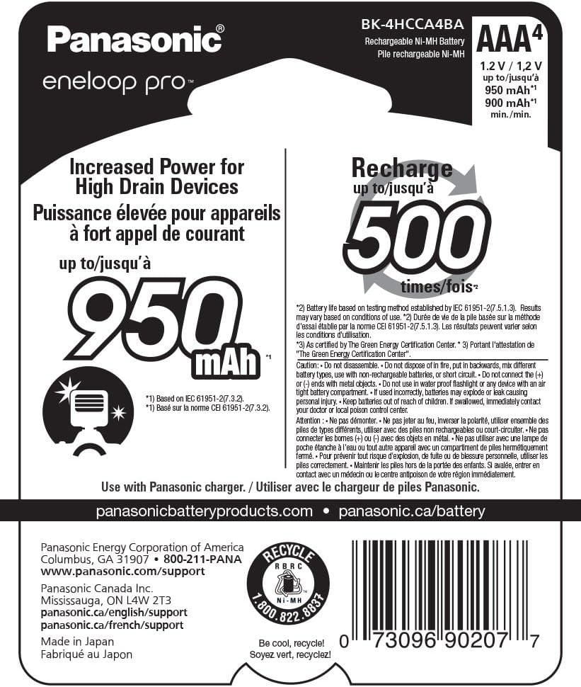 Panasonic Eneloop Pro AAA High Capacity Ni-MH Pre-Charged Rechargeable Batteries, (Pack of 4)