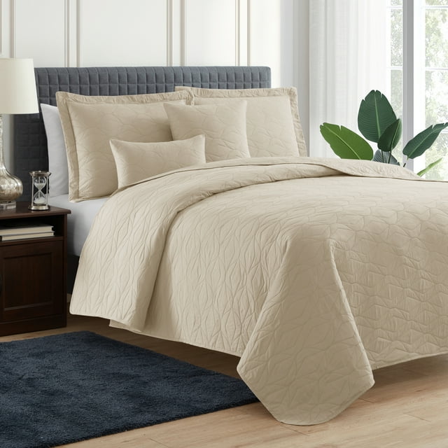 Clara Clark 5 Piece Quilt Set, Modern Style Ellipse Weave Bedspread, King, Beige Cream