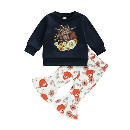 

Toddler Girls Clothes Long Sleeve Round Neck Floral Bull Print Tops Bell-Bottoms Pants Casual Outfits