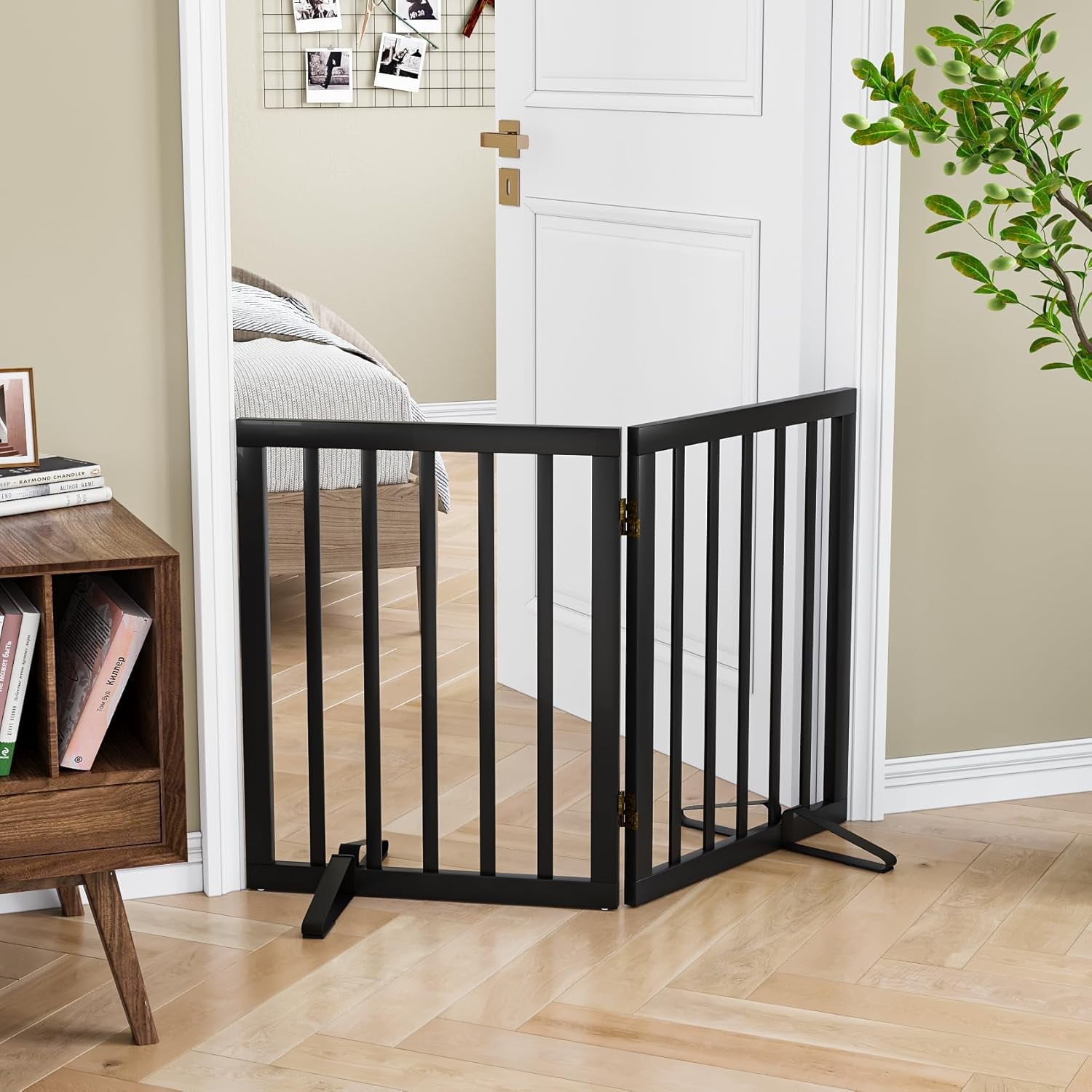 Smart FENDEE Bamboo Dog Gates for Doorways Freestanding Pet Gate, 2 Support Feet, 24"H, Black