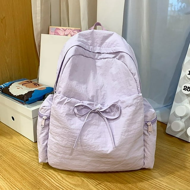 Vaidha Korean Lightweight Nylon Backpack Japanese Forest Drawstring Student Solid Color Bow Backpack Sports Travel Backpack