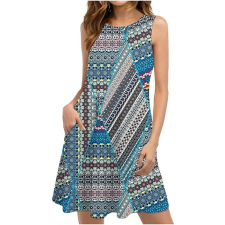 

YanHoo Women s Summer Tank Dresses Boho Beach Sleeveless Sundress Loose Casual Print Tunic Dress with Pockets