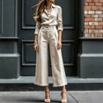 thumbnail image 7 of Cagogo Women's 2 Piece Set Long Sleeve Collared Shirt Wide Leg Pants Casual Outfit Solid Basic Tops Comfy Pants Matching Lounge Sets Travel Airport Clothes, Beige S, 7 of 7
