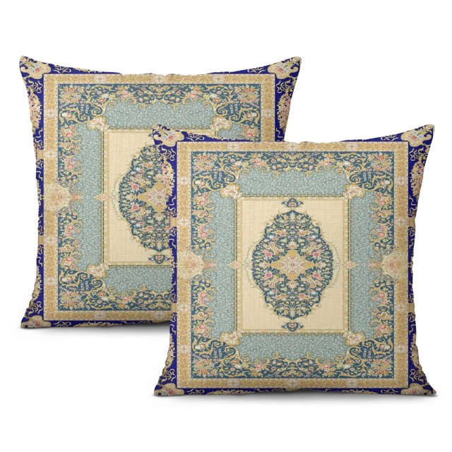 Double Sided Patterned Monaco Rug Boho Pillow Covers 18x18, Set of 2 - Soft Cotton Green Cushion Decor
