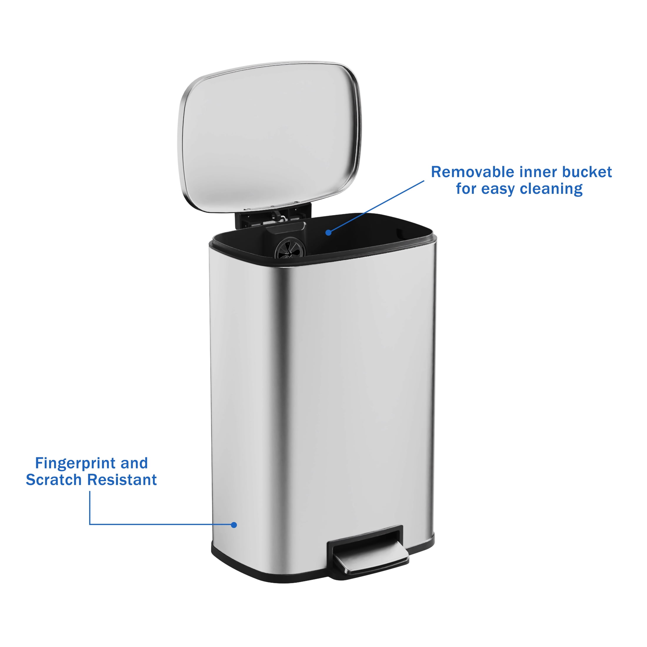 Simplykleen Kitchen Trash Can, 13.2 Gallon Stainless Steel Step-On Rectangle Garbage Bin with Soft Close Lid, Fingerprint Resistant, Silver