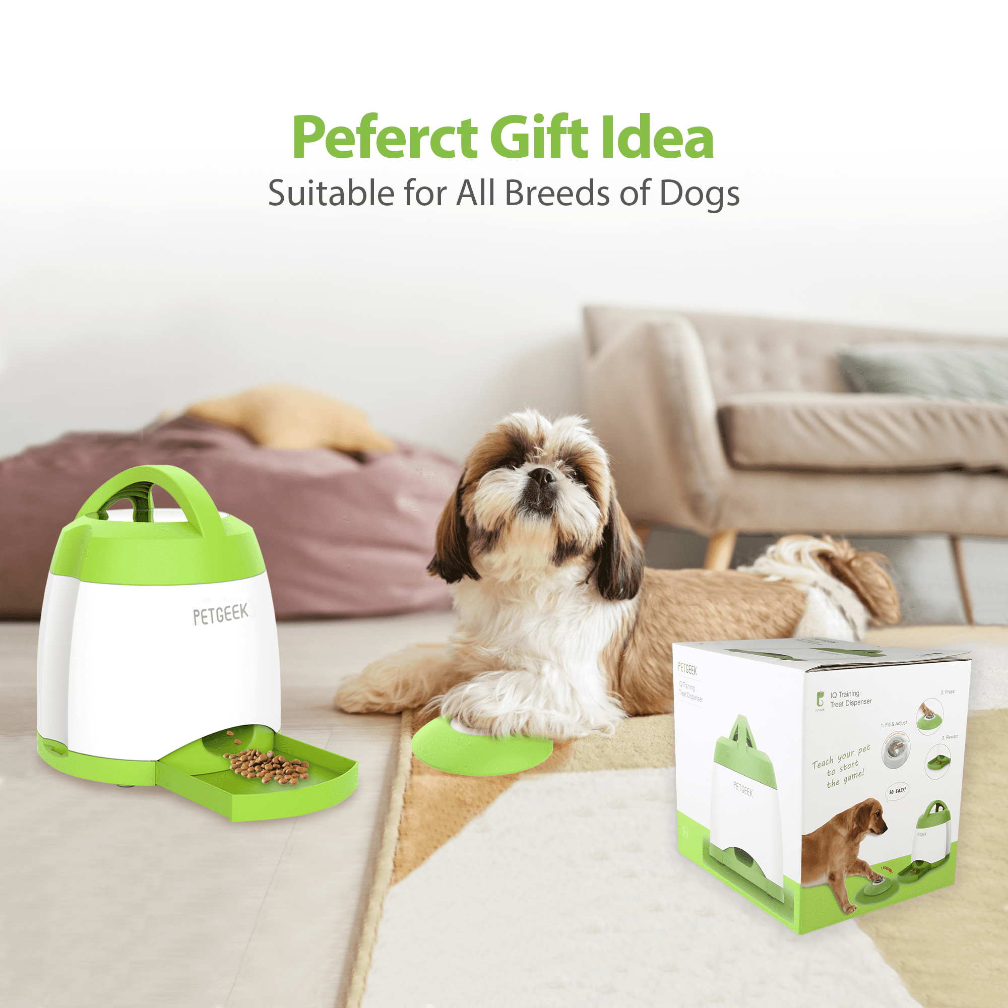 PETGEEK Dog Food Dispenser Toy, Interactive Pet Toys Treat Dispensing for IQ Training, Automatic Dog Treat Dispenser with Button Remote Push, Dual Power Supply for Indoor Outdoor Use, Green Color