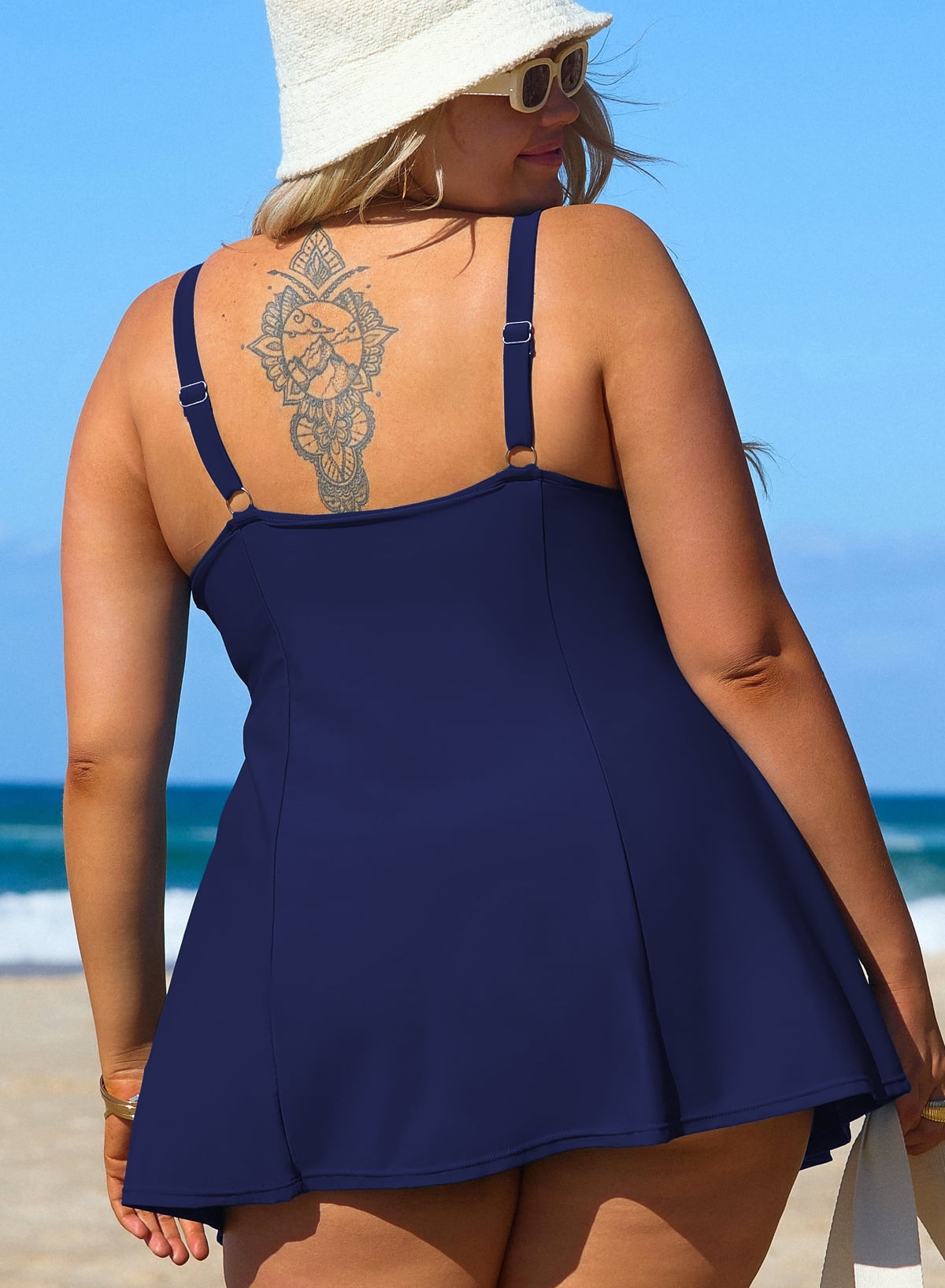 SHEWIN Woman Plus Bathing Suit One Piece Swim Dresses for Woman Tummy Control Swimm Suits with Pockets Blue Line 3X