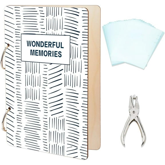 Wonderful Memories Greeting Card Organizer Set Short Lines Wooden Card Keeper Binder with 2-Ring 20 Inner Pocket and Punch DIY