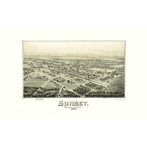 Historic Panoramic View - Sunset Texas - Fowler 1890 - Vintage Wall Art