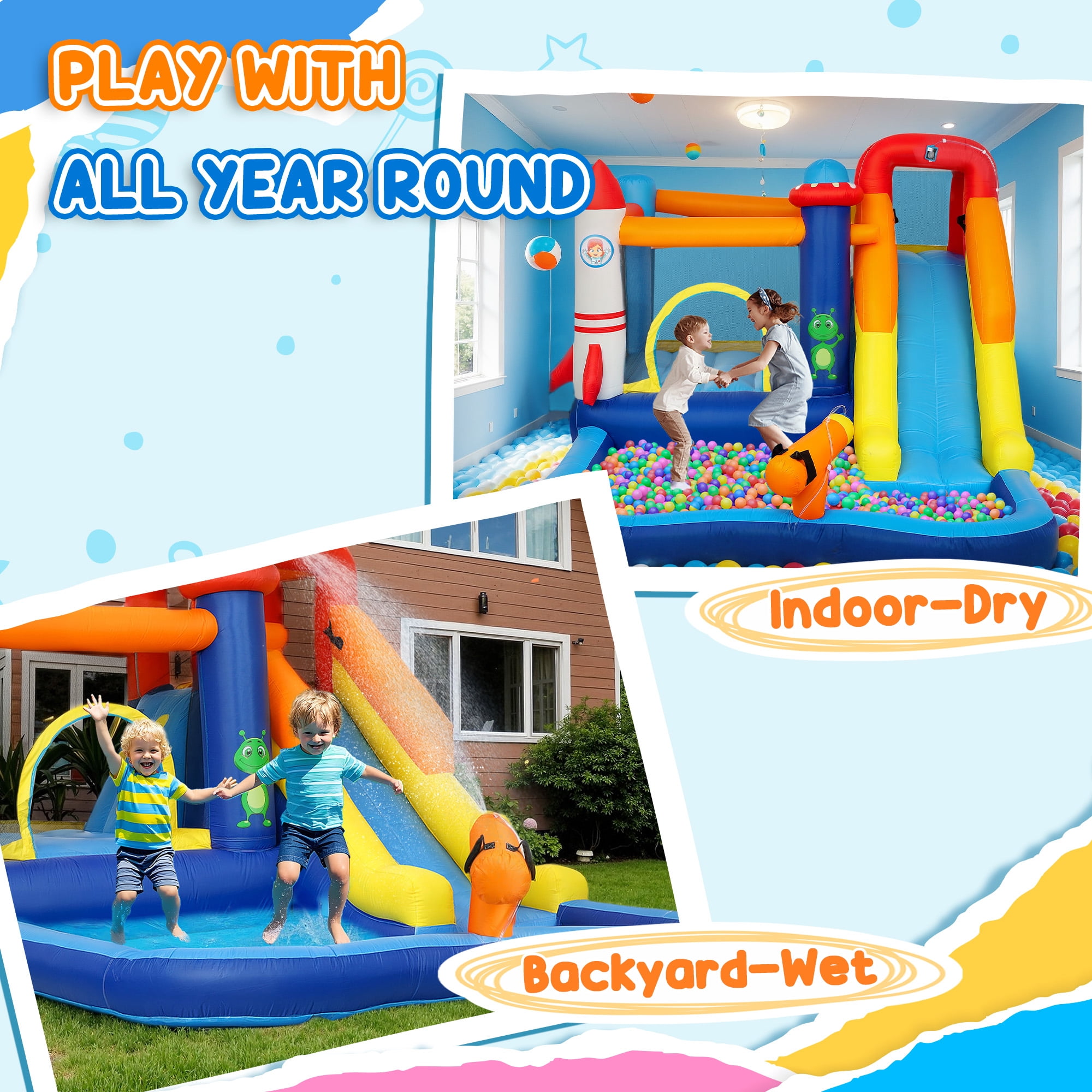 Qaba Inflatable Bounce House, Kids Water Slide with Splash Pool, Trampoline, Climbing Wall, Cannon, 5 in 1 Kids Outdoor Fun with 550W Blower