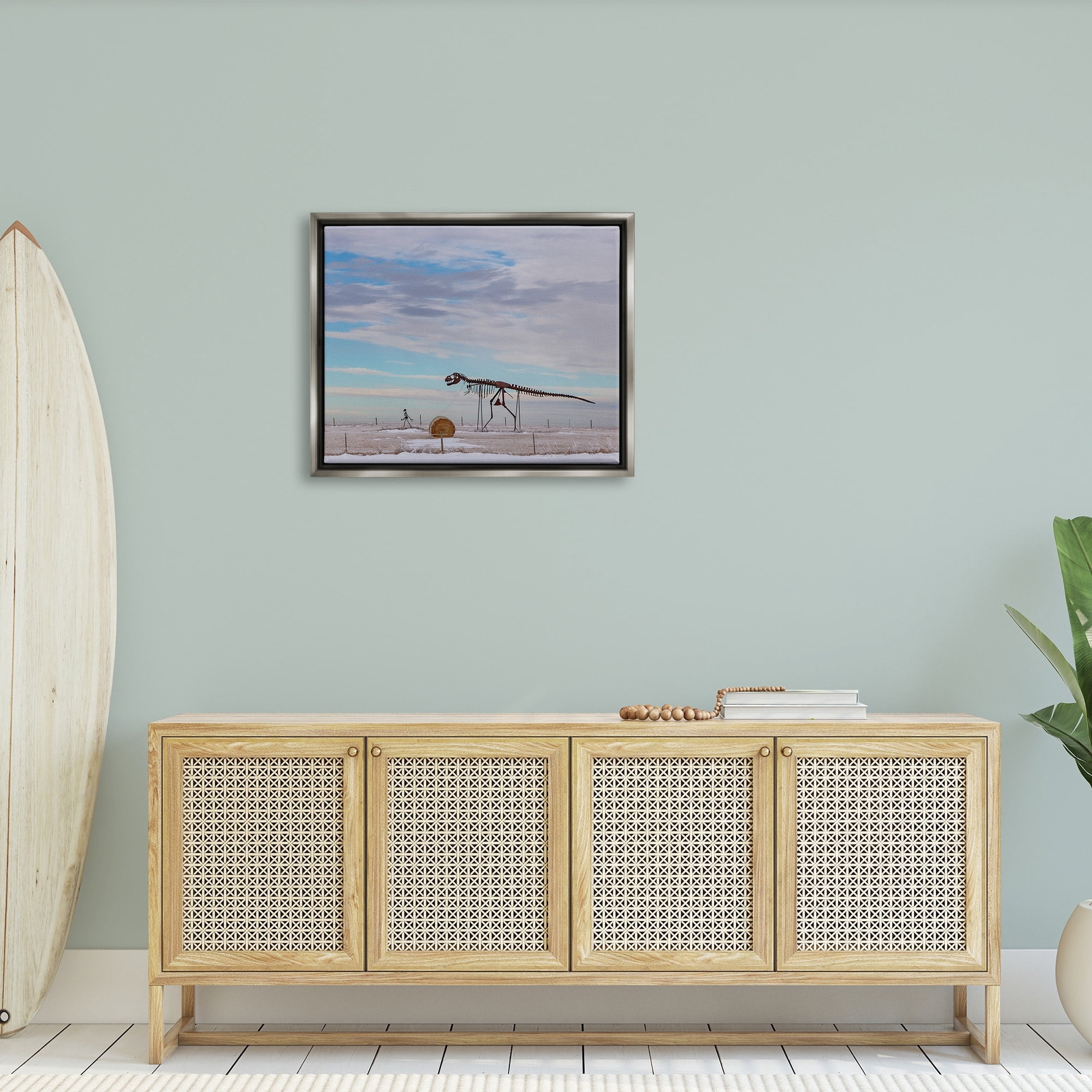 Stupell Industries Person Walking Dinosaur Skeleton Beach Sand Dunes Photograph Luster Gray Floating Framed Canvas Print Wall Art, Design by Jeff Poe Photography