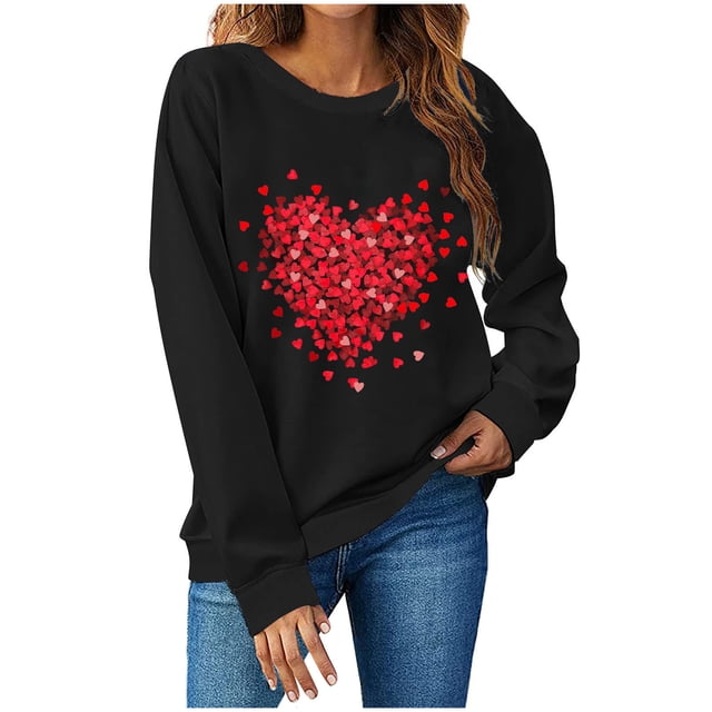 Cameland T-Shirts de la Saint-Valentin pour Femmes Col Rond Manches Longues T-Shirt Décontracté avec Cœur Graphique
