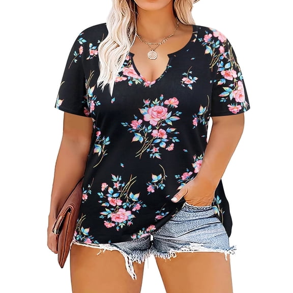 CASSIE LIZ Plus Size Women's Tops Black Floral 2X Short Sleeve Blouses Fashion Notch V Neck Pullover Casual Shirts Loose Fit Tunics Spring Summer Tee 2XL 18W 20W