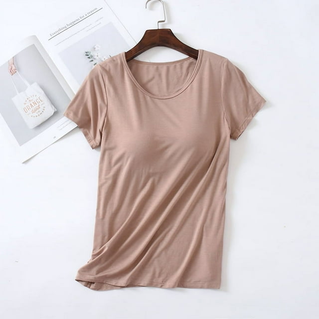 Camiseta de manga corta con almohadilla para el pecho Camiseta de base de una pieza de corte entallado con copa modal para mujer Top de mujer con cuello redondo Sujetador sin costuras