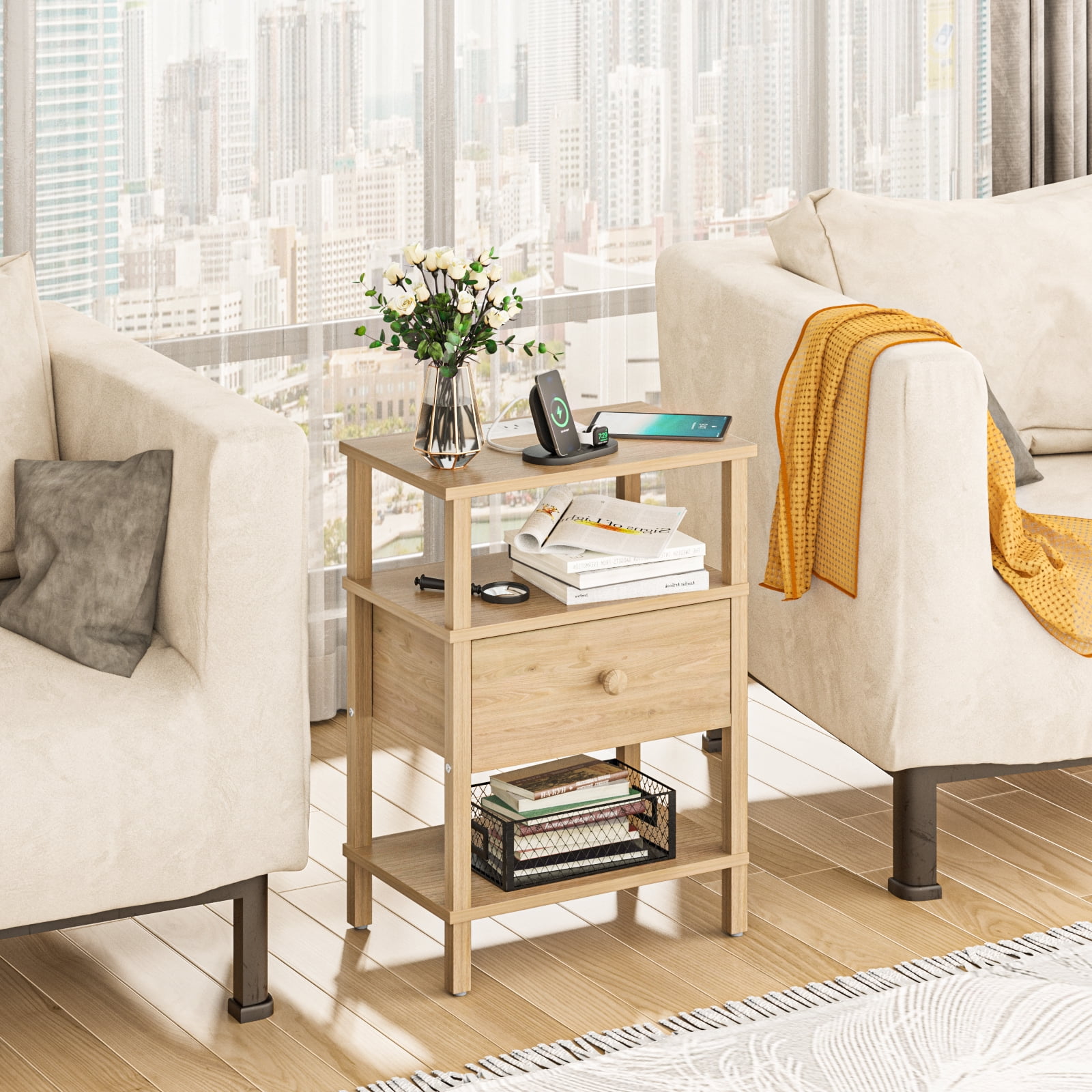 LEYAOYAO End Table with Charging Station, Wood Thin Side Table for Living Room Bedroom, Farmhouse Natural Oak