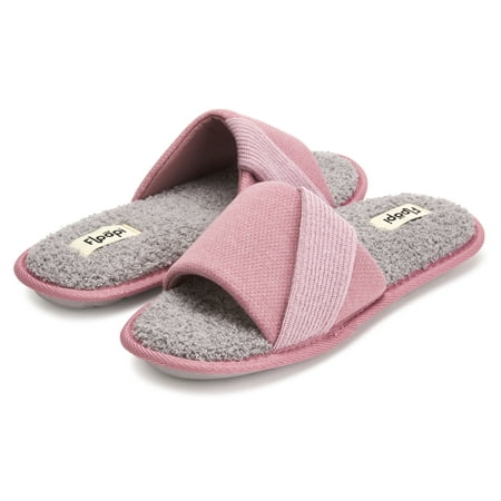 

Floopi Women s Soft Waffle Slide W/Accent Knit Strap Open Toe Slipper W/ Memory Foam