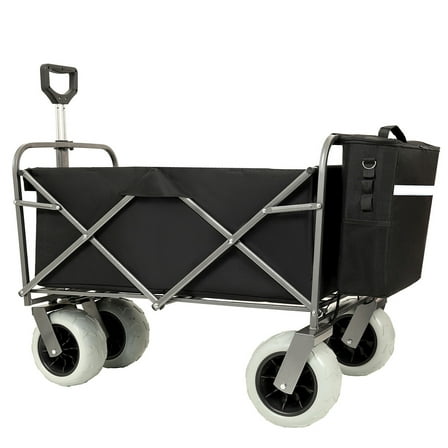 LuckyNote Heavy Duty Beach Wagon Cart, 500 lbs Capacity All Terrain Folding Utility Cart with 9" Pneumatic Tires, Steel Frame & Cooler Bag, Black
