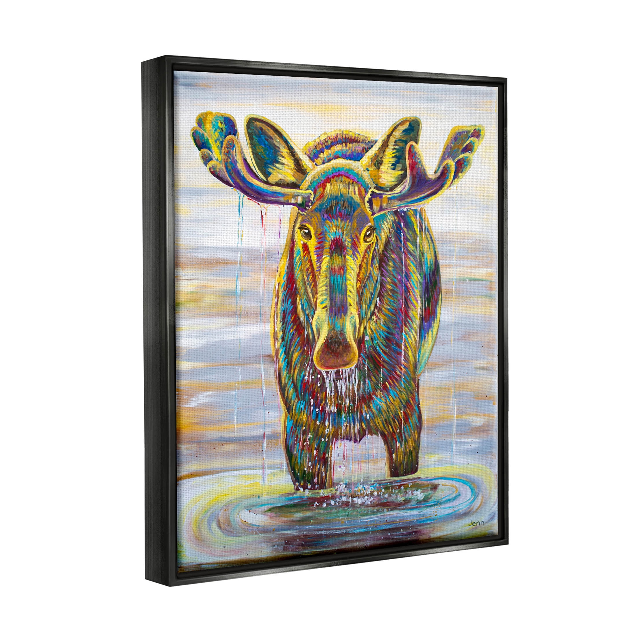 Moose Water Drip Nature Lake Animals & Insects Painting Jet Black Framed Art Print Wall Art
