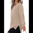 thumbnail image 3 of Sudadera de Cuello Redondo de Punto Gofre de Gran Tamaño para Mujer, Sudadera Informal de Larga con Laterales Caqui XL, 3 of 8