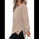 thumbnail image 3 of Sudadera de Cuello Redondo de Punto Gofre de Gran Tamaño para Mujer, Sudadera Informal de Larga con Laterales Caqui S, 3 of 8