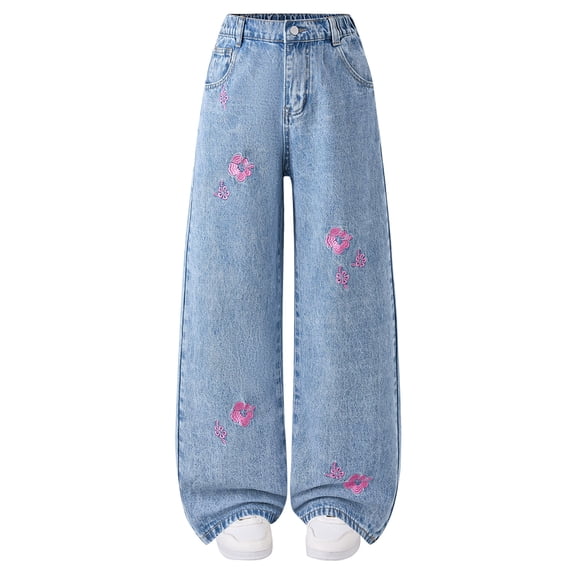 Zanarzt Girl's Baggy Wide Leg Jeans Jeans for Girls Baggy Wide Leg Cute Flower High Waisted Denim Pants Streetwear Clothes Light Blue,8-9 Years