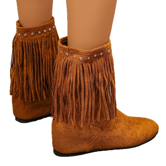Solid color flat boots Women's Mid Calf Boots - Pull On Cowboy Style Booties
