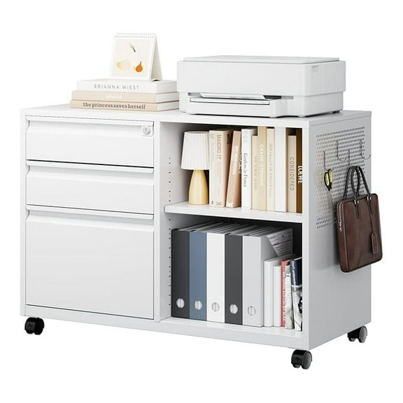 WDZS Mobile 3 Drawer File Cabinet with Lock-Metal Lateral Rolling Printer Stand Filing Cabinets for Home Office-Storage A4/F4/Letter (White)
