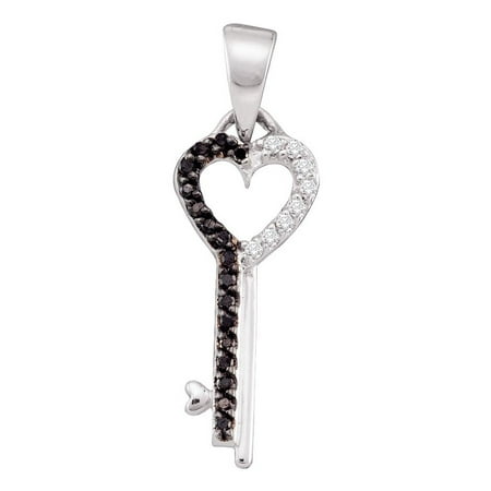 10kt White Gold Womens Round Black Color Enhanced Diamond Key Heart Pendant 1/10 Cttw