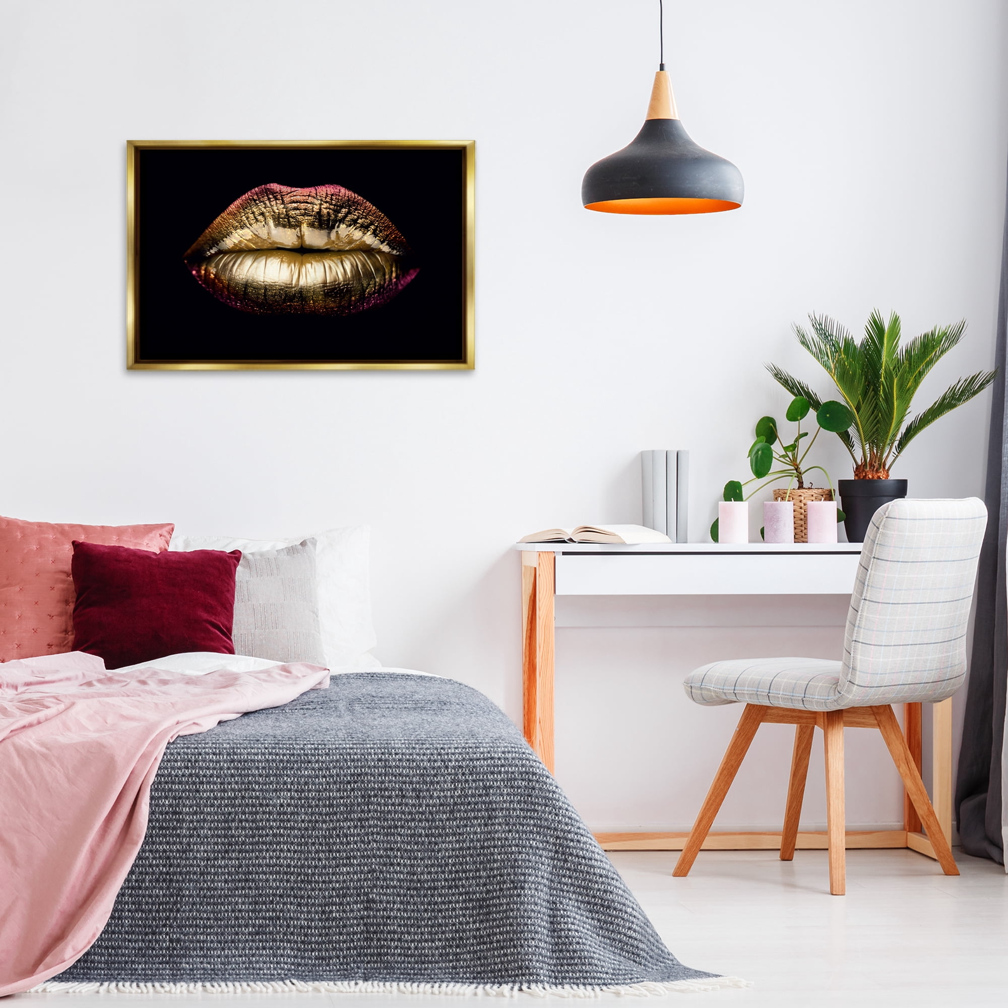 Stupell Industries Pink & Gold Lipstick Fashion Painting Gold Floater Framed Canvas Art Print Wall Art, 31 x 21