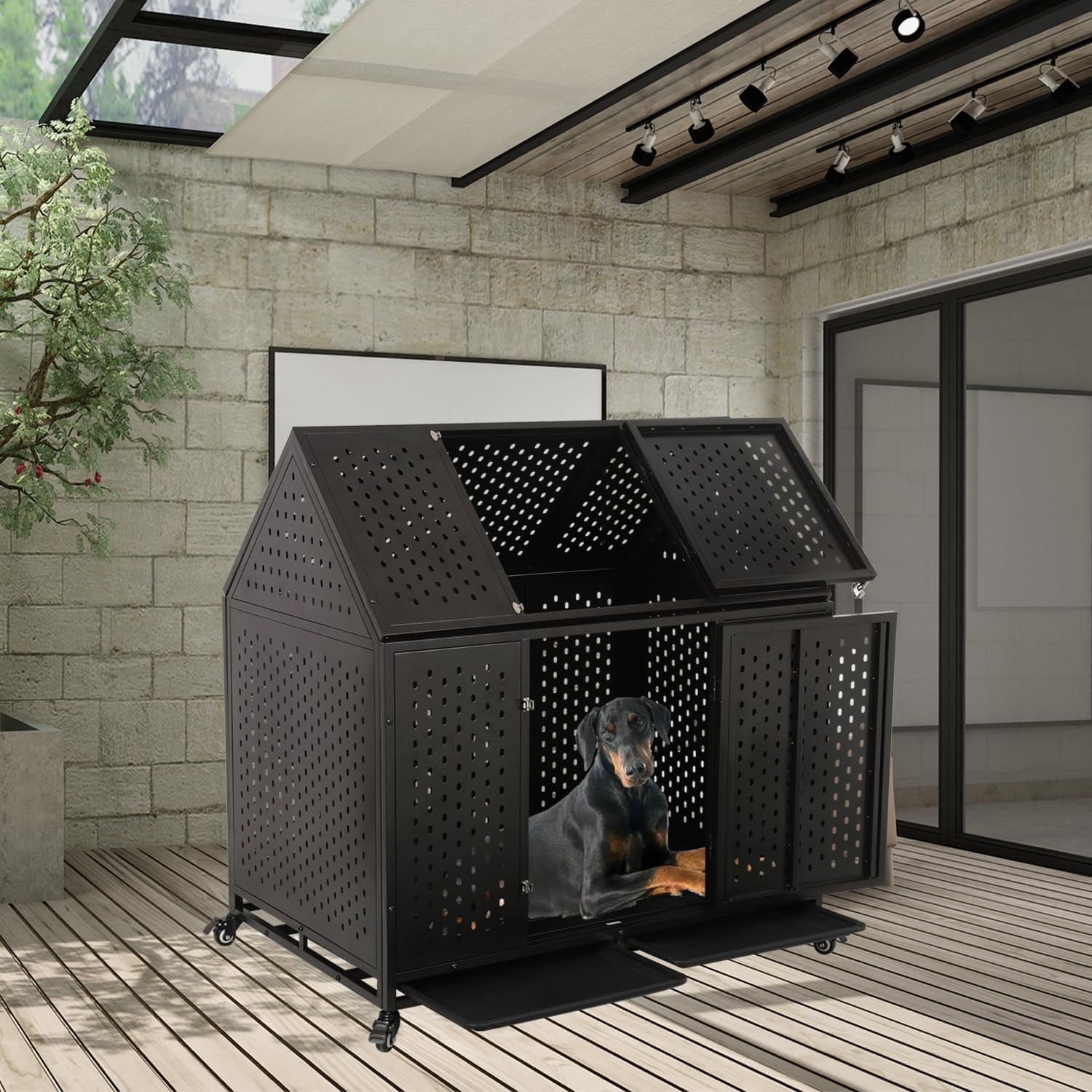 Ufyerutg 45'' Indestructible Heavy Duty Dog Crate, Escape Proof Strong Steel Impact Pet Cage for Large Medium Dogs, High Anxiety Sound Proof Chewproof Kennel Double Door with Trays and Wheels