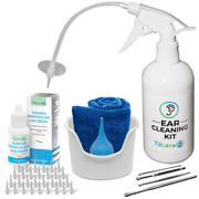 Ear Wax Removal Tool with Earwax Removal Drops by Tilcare - Ear Irrigation Flushing System - Perfect Ear Cleaning Kit - Includes Drops, Towel, Basin, Syringe, Curette Kit and 30 Disposable Tips