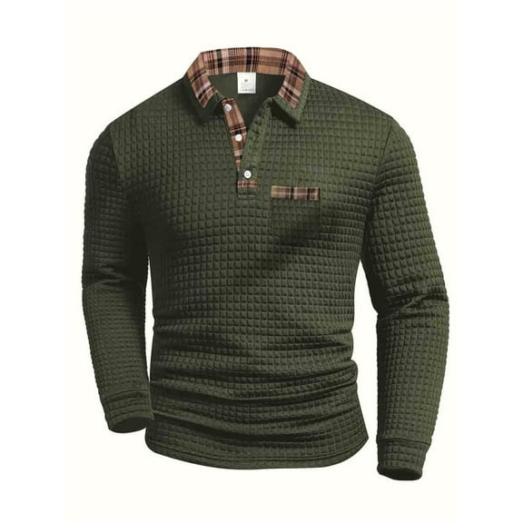 Polo Shirts for Men Golf Small Plaid Casual Long Sleeve Button Up Collared Tops with Pocket Slim Fit Stretchy Sport Shirts for Men Army Green L