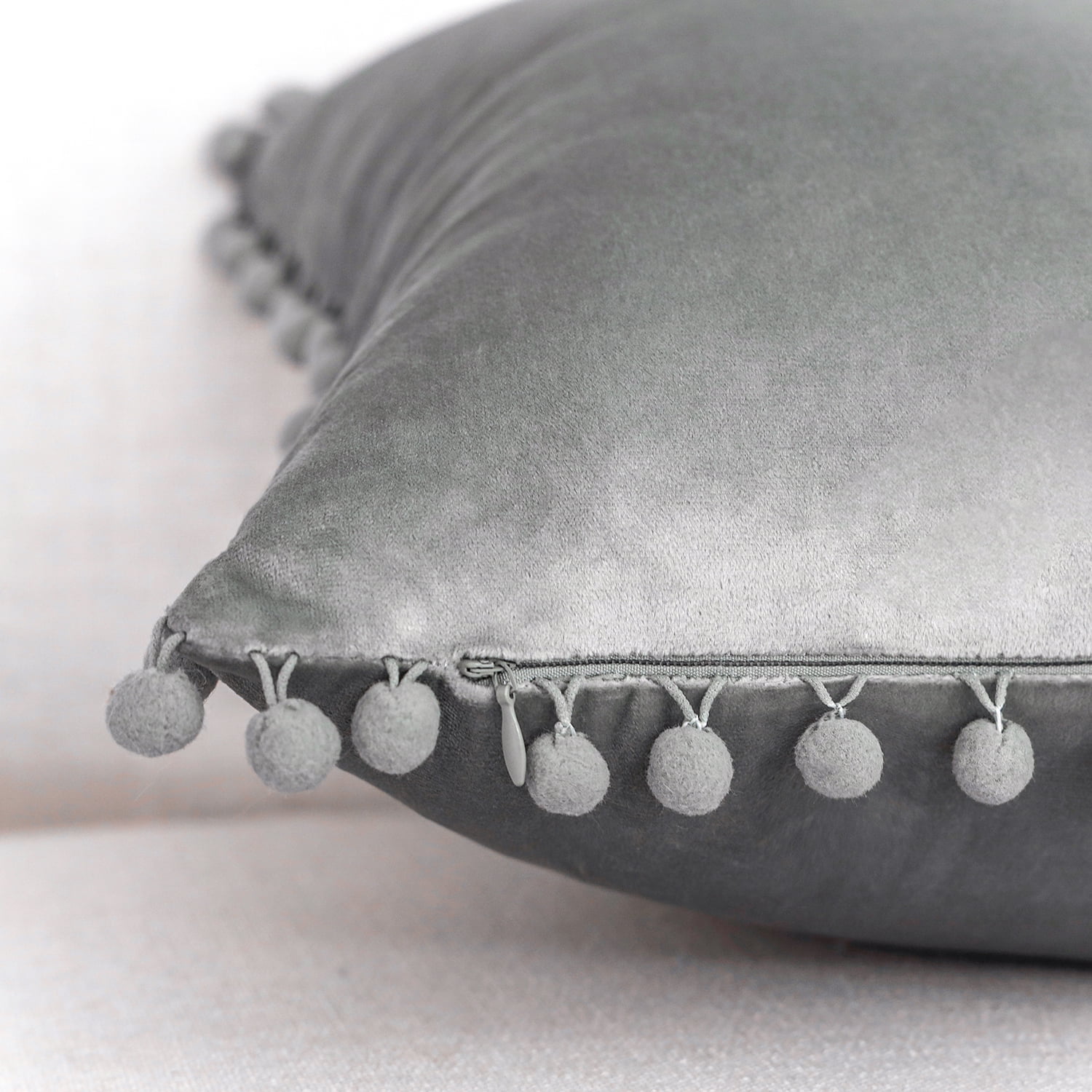 Ashler Decorative Soft Velvet Throw Pillow Cushion Covers with Pom Poms Particles Solid for Couch Bedroom Car, Grey, 22 X 22 ,Packs of 2