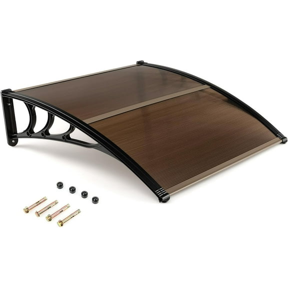 XiHuaZhaoChen 40" x 40" Window Awning, Modern Polycarbonate Overhead Door Awning with Hollow Sheet for Rain Snow Sunlight Protection, UPF 50 Awnings for Patio, Door,Coffee with Black Bracket