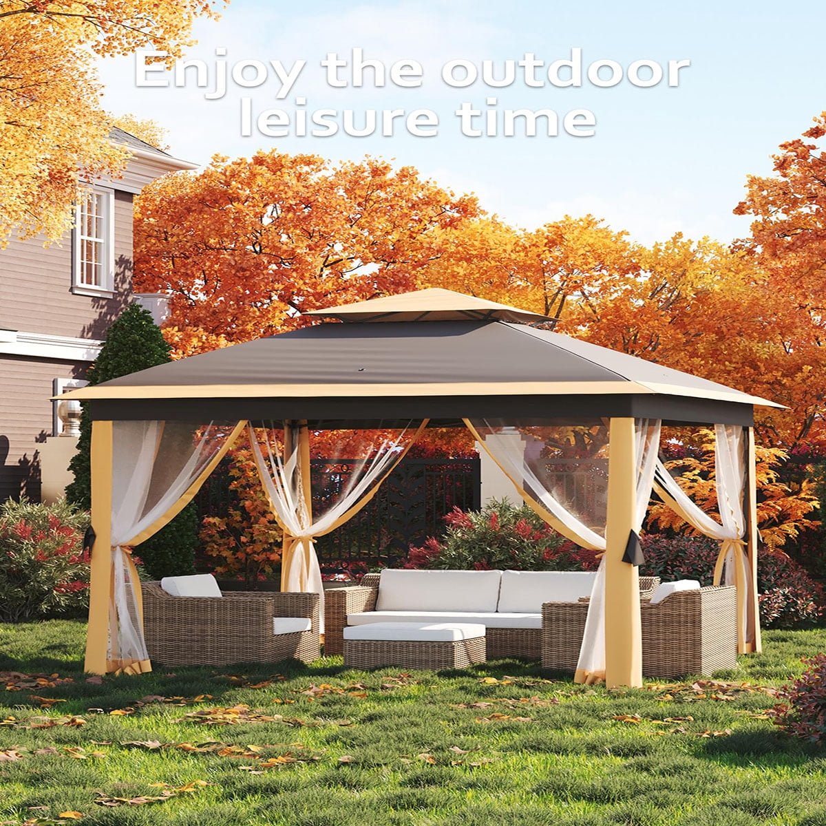 Ataucjin 11x11 FT Outdoor Gazebo, Heavy Duty Pavilion with Sturdy Metal Frame & Double Roofs, Patio Shelter with Mosquito Netting, Ideal for Backyard, Garden, Lawn, Deck