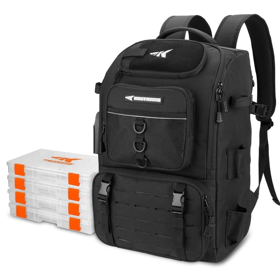 KastKing Fishing Tackle Backpack with Rod Holders 4 Tackle Tray,Fishing Bag Storage Fishing Gear -Black