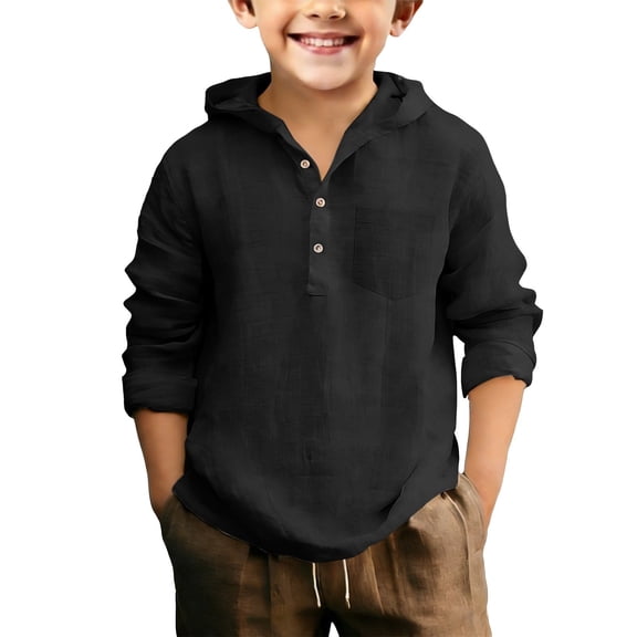 KAUOD Boys Linen Shirt Hoodie Half Button Henley Long Sleeve Dress Shirts Teens Summer Casual Beach T Shirts Lightweight Hooded Tee