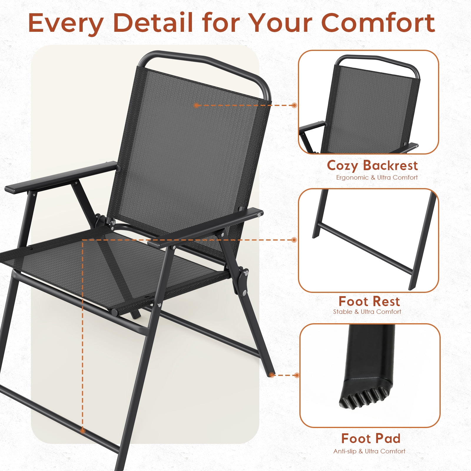 TLSUNNY 4 Pcs Patio Folding Chairs, Heavy-Duty Metal Frame W/ Armrests Portable Outdoor Foldable Chairs, Black