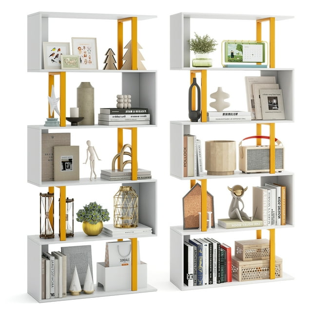 Gymax 2 PCS 5-Tier Geometric Bookcase 62-Inch S-Shaped Bookshelf w/ Metal Frame Gold
